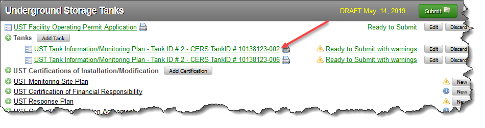 Screenshot of Underground Storage Tank submittal element’