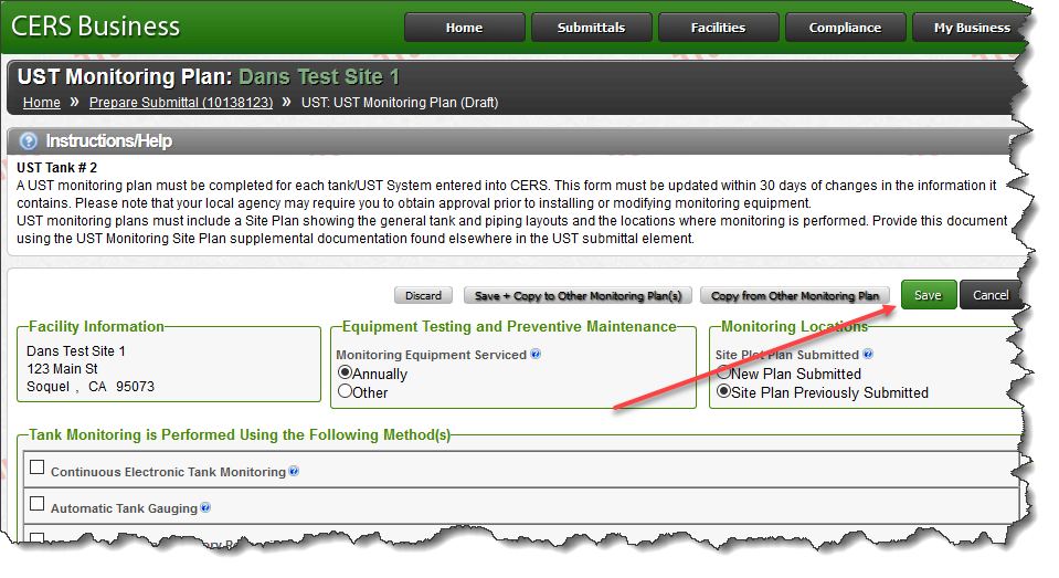 Screenshot of UST Monitoring Plan