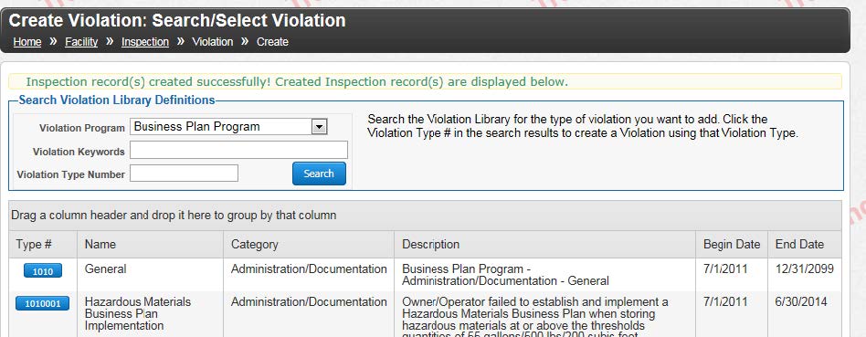 Screenshot of where to enter violations, if any