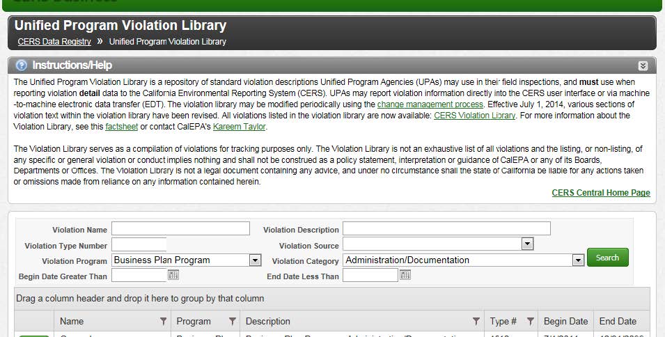 Screenshot of where to find how to report violations in the Administration/Documentation section of each Violation Program of the CERS Violation Library