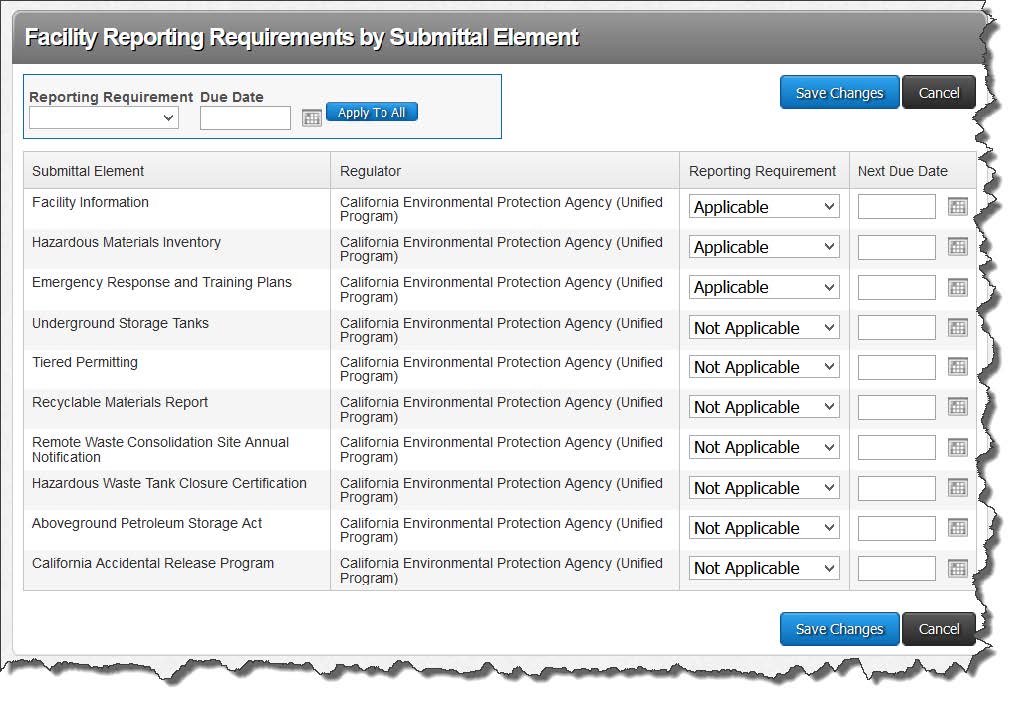 Screenshot of setting the desired submittal element to the desired setting and select the ‘Save Changes’ button. Note that this may also be a good time to set the ‘Next Due Date’