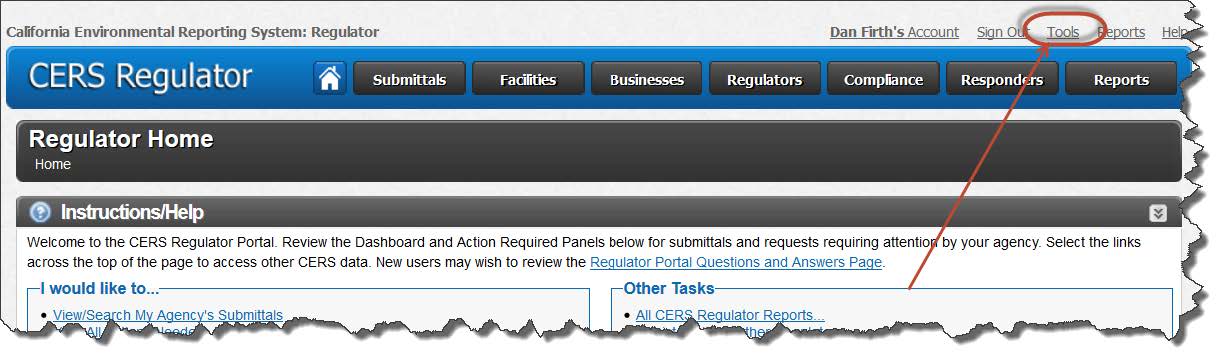 Screenshot of selecting ‘Tools’ in the upper right corner of the Regulator portal on the CERS Regulator home page