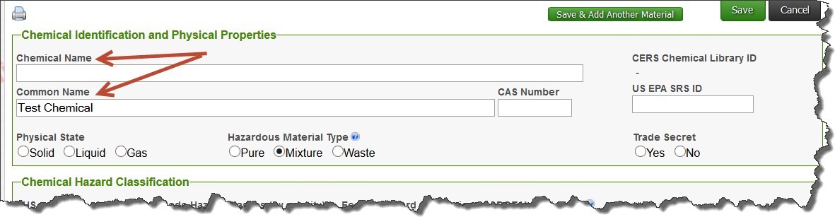 Screenshot of where to enter the chemical name and common name for all pure materials with a CAS number under the Chemical Identification and Physical Properties submittal element