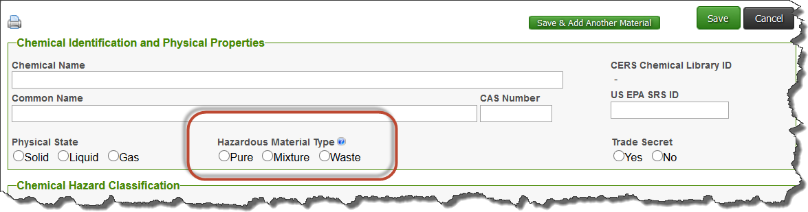 Screenshot of where to check the box for ‘Pure’, ‘Mixture’, or ‘Waste’ for the Chemical Identification and Physical Properties submittal element 