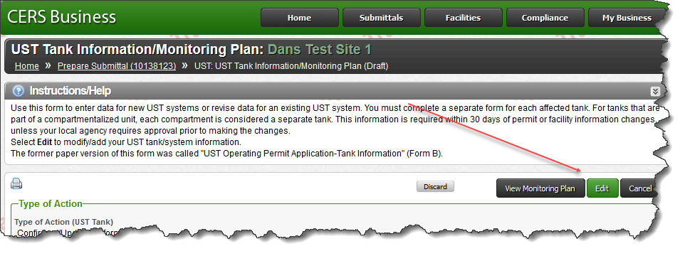 Screenshot of selecting the ‘Edit’ button on the UST Tank Information/Monitoring Plan page