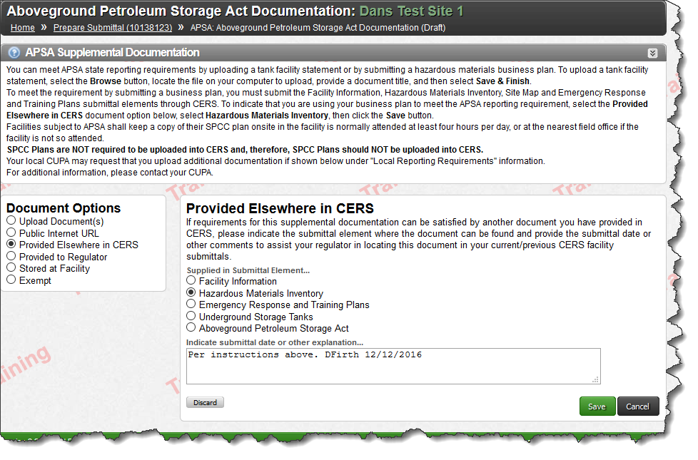 Screenshot of selecting ‘Provided Elsewhere in CERS’ under document options and selecting ‘Hazardous Materials Inventory’