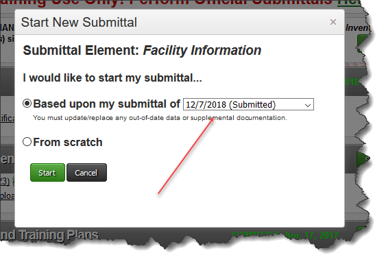 SScreenshot of confirming the submittals based upon the most recent submittal, then clicking the start button