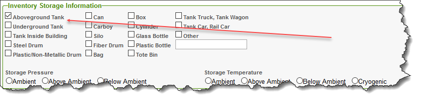 Screenshot of only selecting ‘Aboveground tank’ under the Inventory Storage Information 