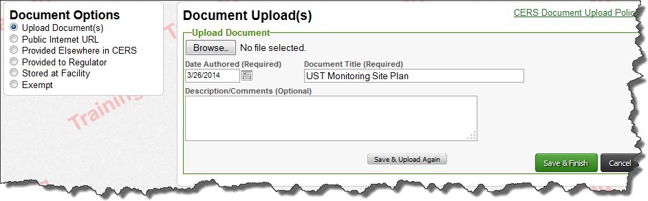 Screenshot of Document Upload screen that provides several standardized CERS upload options