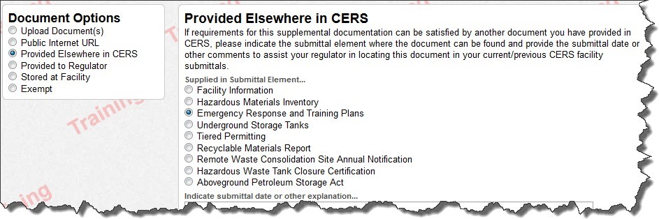 Screenshot of specifically named document option selected ‘Provided Elsewhere in CERS’ and ‘Emergency Response and Training Plan’ that does not require a signature and does not need to be reported separately