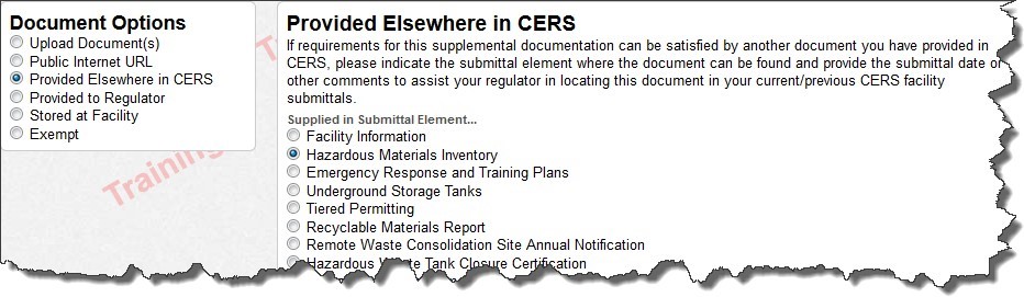 Screenshot of specifically named document option selected ‘Provided Elsewhere in CERS’ and ‘Hazardous Materials Inventory’ that does not need to be reported separately. 