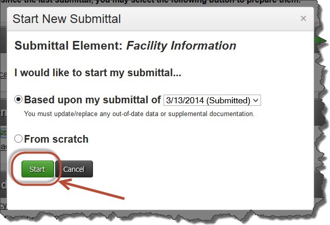 Screenshot of selecting either a previous submittal or a new submittal
