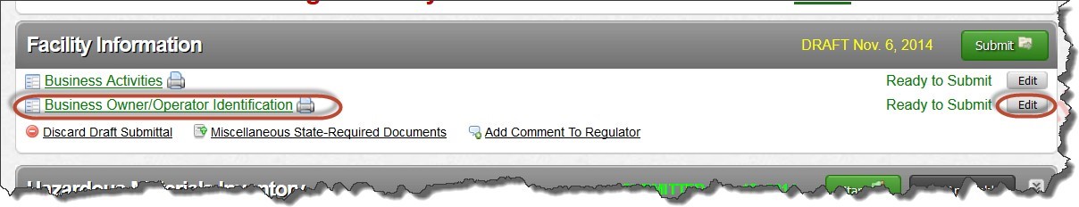 Screenshot of selecting Business Owner/Operator Identification link or the ‘Edit’ button for the Facility Information submittal element only