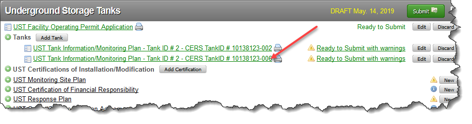 Screenshot of CERS returns to the Submittal Elements page automatically