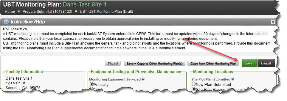 Screenshot of UST Submittal Element in CERS showing it set to ‘applicable’ or ‘always applicable’