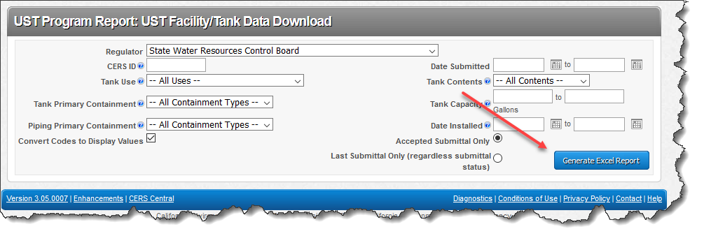 Screenshot of export options from the UST Facility/Tank Data Download Report