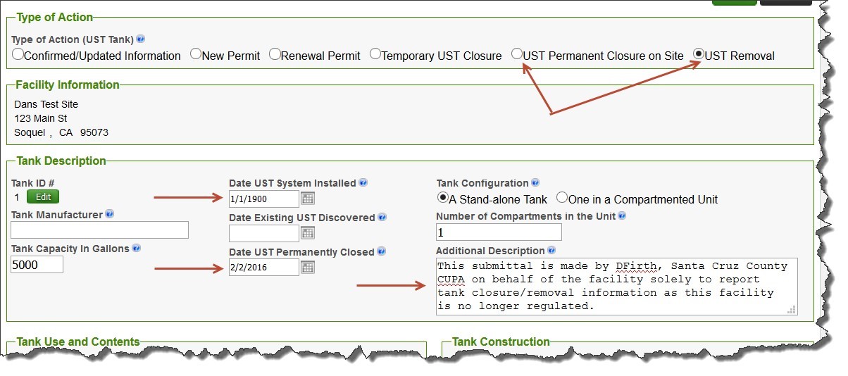 Screenshot of selecting UST Removal bullet