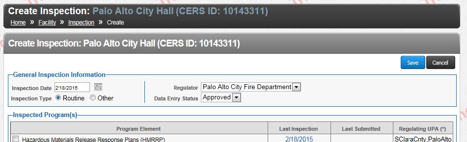 Screenshot of reporting in CERS the starting date of the inspection in the ‘Inspection Date’ field