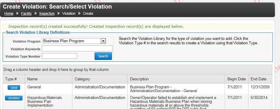 Screenshot of where to enter violations, if any 