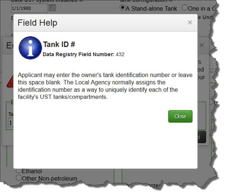 Screenshot of Field Help describing the Tank ID # feature