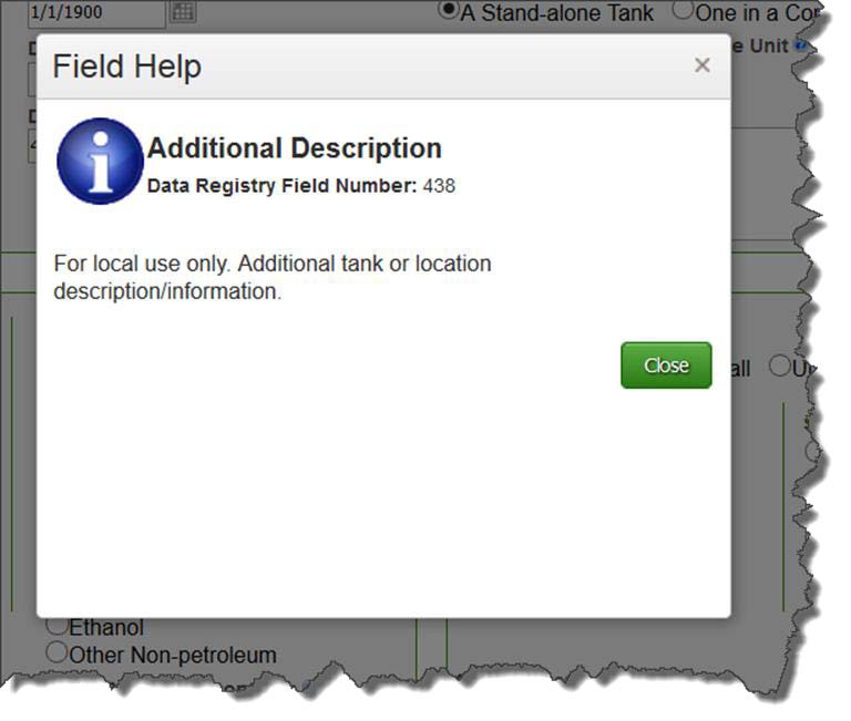 Screenshot of Field Help giving addition description for tank or location description/information