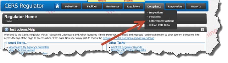 Screenshot of the CERS Regulator Home page showing the compliance drop down menu.