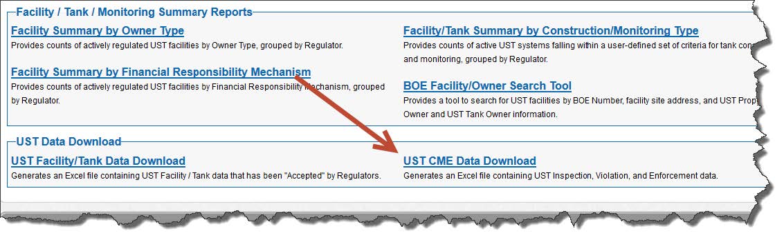 Depicts location of the 'UST CME Data Download' link on 'UST Program Reports' page.