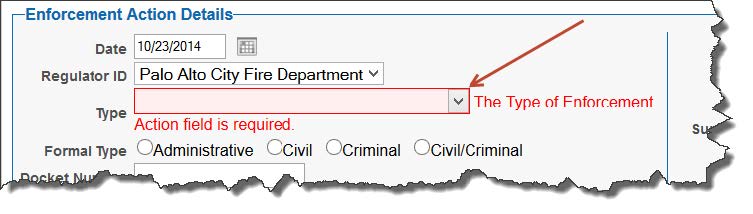 Depicts location of 'Type of Action' on 'Enforcement Action Details' tab.
