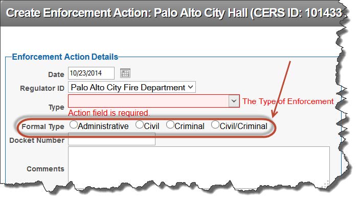 Image highlights location of 'Formal Type' selection bubbles on 'Enforcement Action Details'.