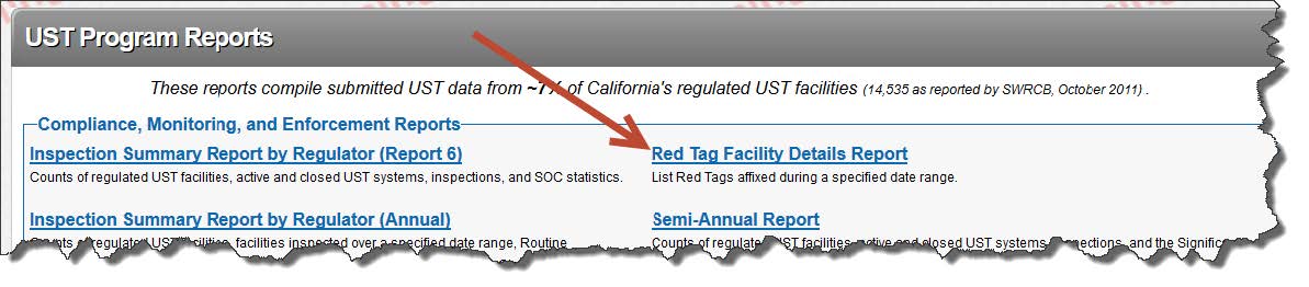 Depicts location of the 'Red Tag Facility Details Report' link on 'UST Program Reports' page.