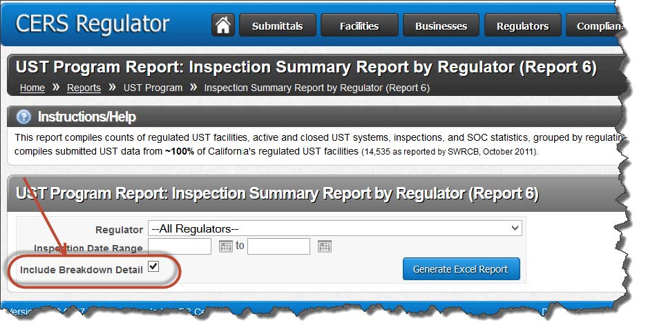 Screenshot of checking the box labeled ‘Include Breakdown Detail’ on the UT Program Report: Inspection Summary Report by Regulator (Report 6) page