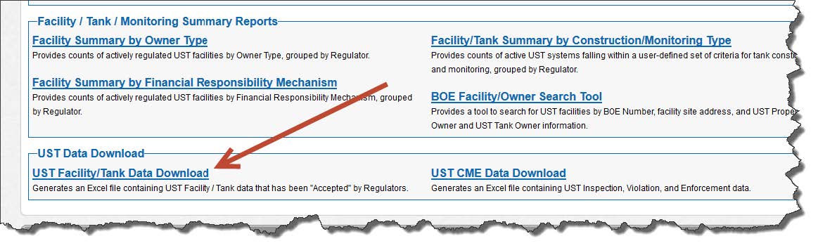 Screenshot of how to run a “UST Facility/Tank Data Download’ report from the Reports section