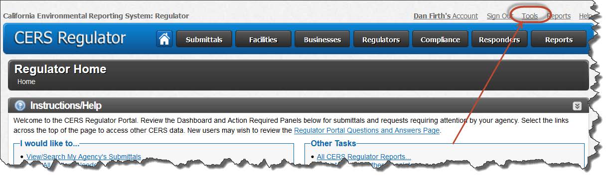 Screenshot of selecting ‘Tools’ in the upper right corner of the Regulator portal on the CERS Regulator home page