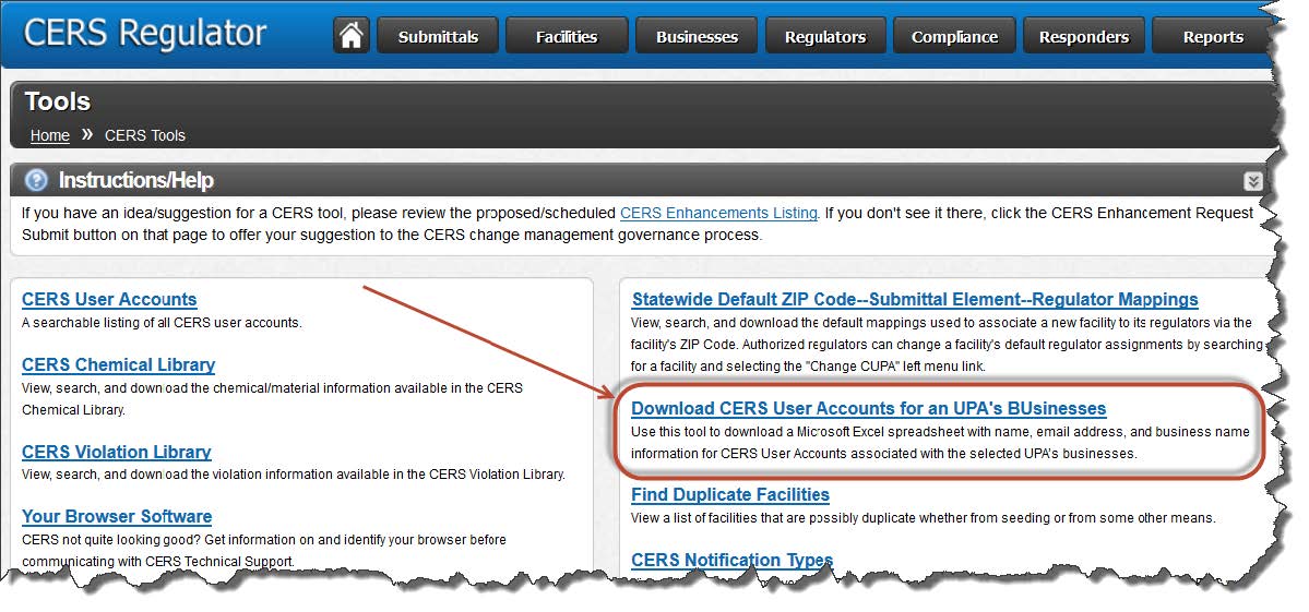 Screenshot of selecting ‘Download CERS User Accounts for a UPA’s Businesses’