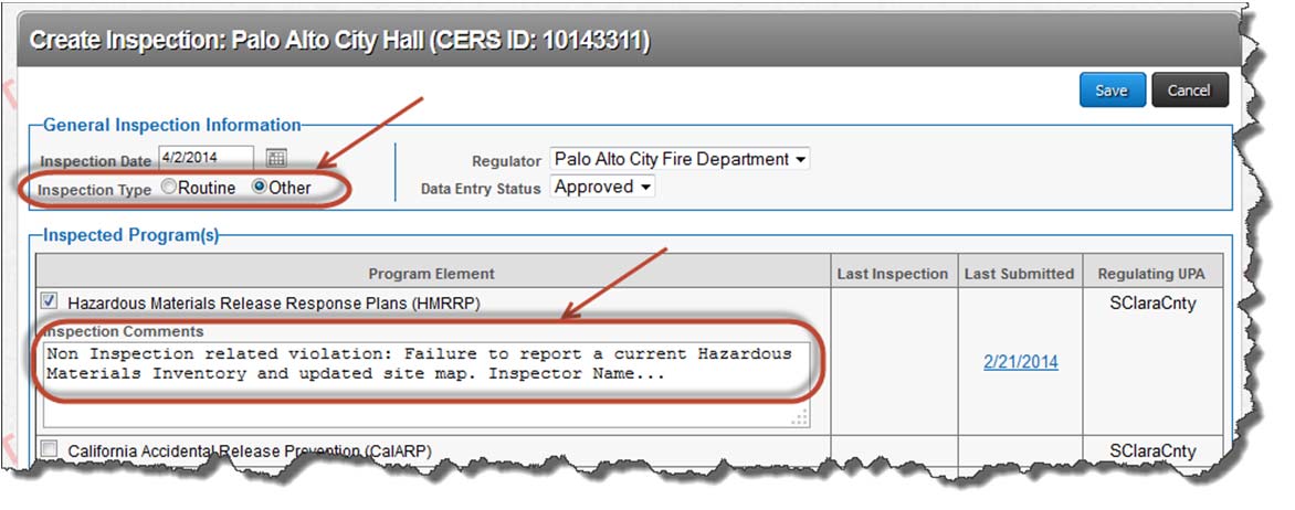 Screenshot of where the business user can find the submittal number after selecting the incorrect submittal from the Submittals section of CERS