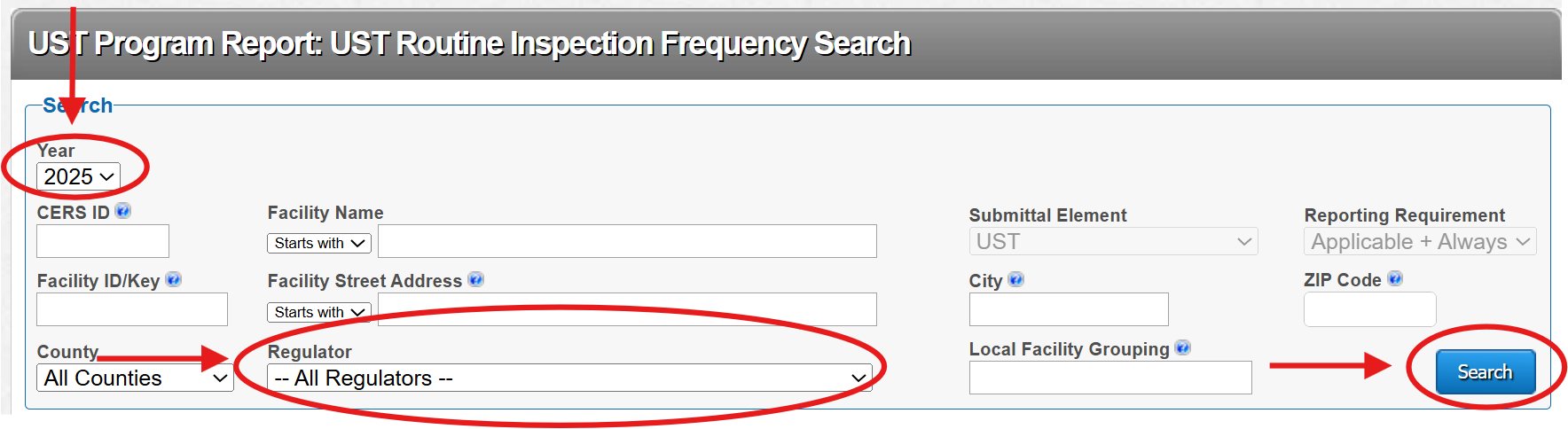 Screenshot of the UST Routine Inspection Frequency page with a red arrow pointing to 'Year', 'Regulator' and 'Search', which are all highlighted by a red circle.