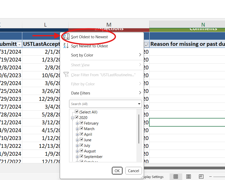Screenshot of the 'UST Routine Inspection Frequency' excel document with a red arrow pointing to 'Sort Oldest to newest' for filtering data in column M.