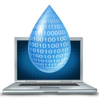 Computer with water drop containing 1's and 0's