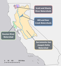 Map of four northern California Watersheds in drought