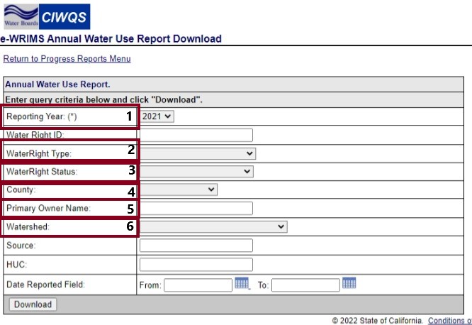 Annual Water Use Report menu