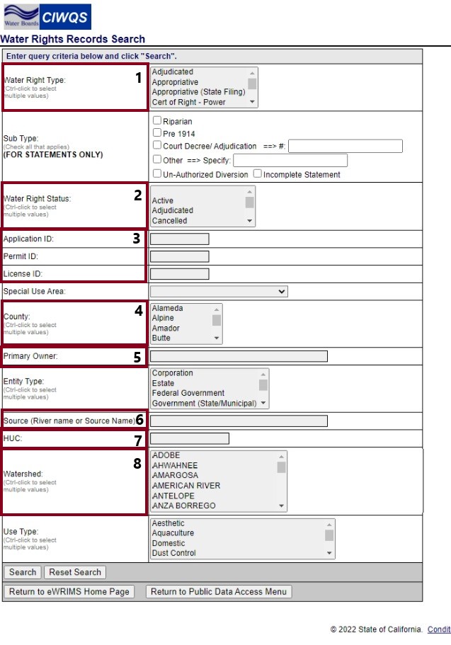 Water Rights search menu