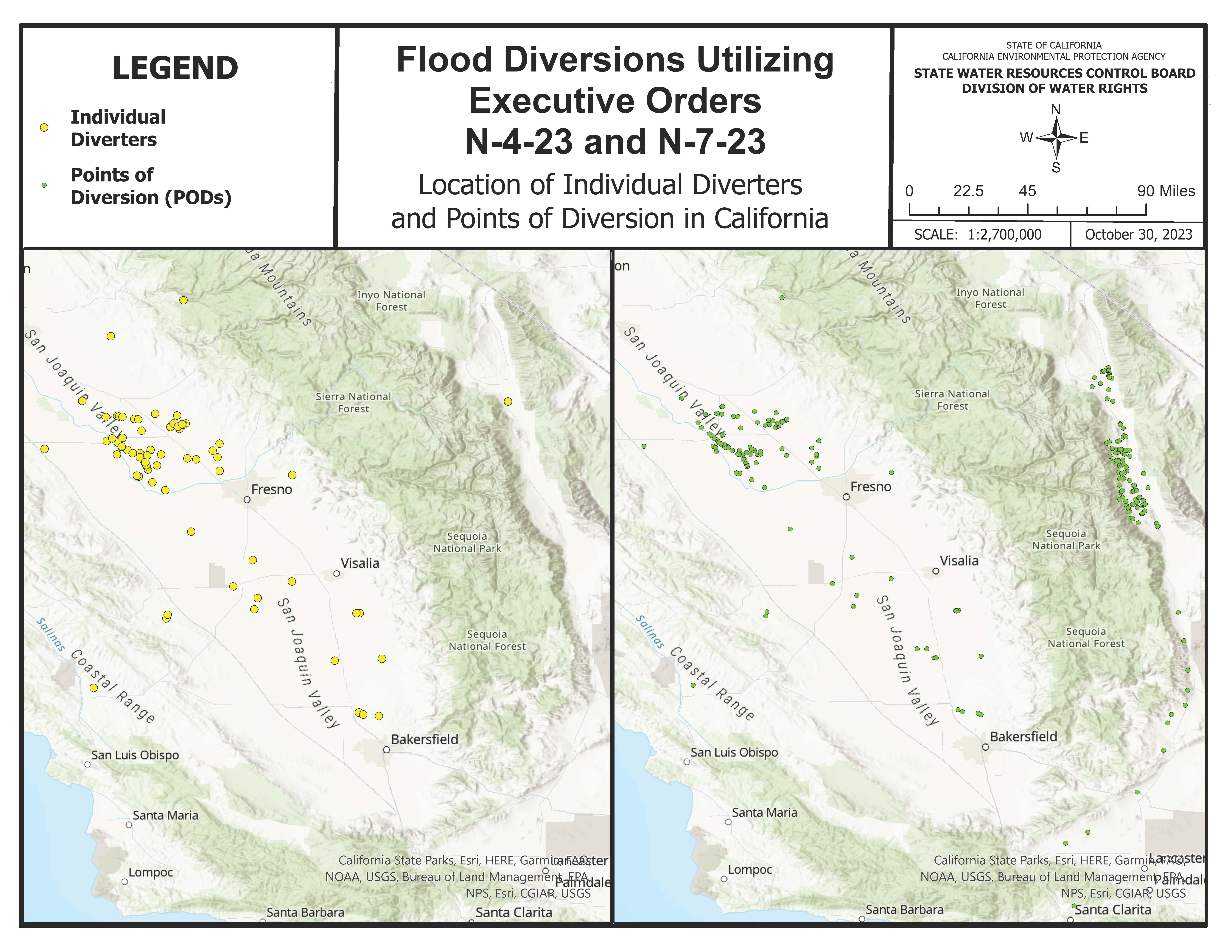 California Flood Diversions map - individual diverters